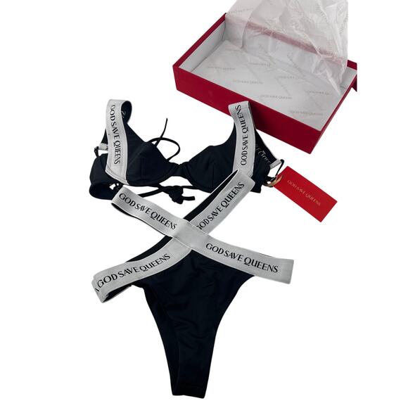 God Save Queens Black Carrara Swim Bikini Top and Thong Bottom Set Size XS - Picture 5 of 9